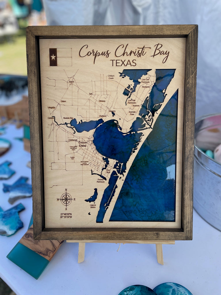 Corpus Christi Bay Laser Cut Map with Resin Base