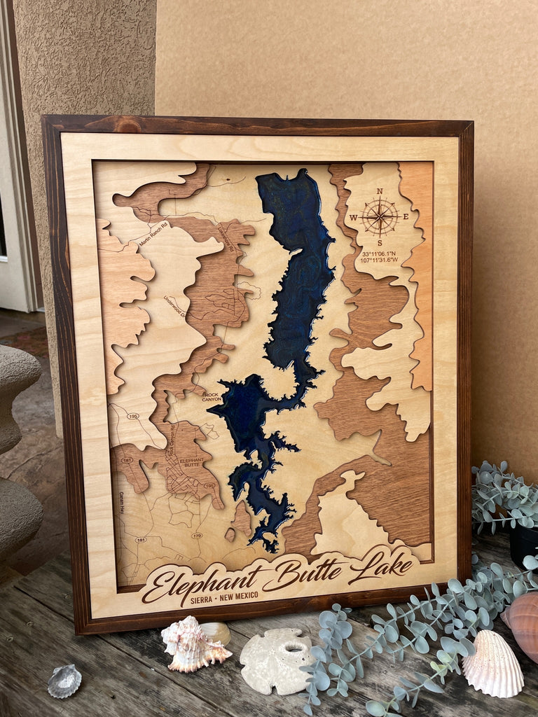 Framed Elephant Butte Lake Resin Laser Cut Layered Topographical Map