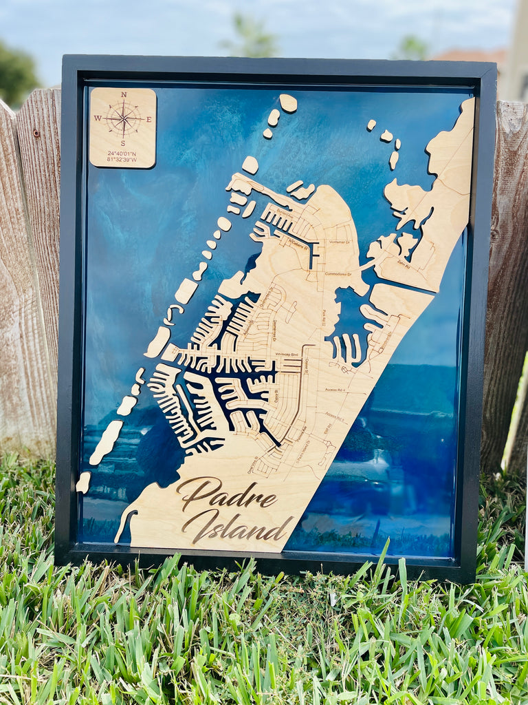 Padre Island Laser cut map with Resin Base