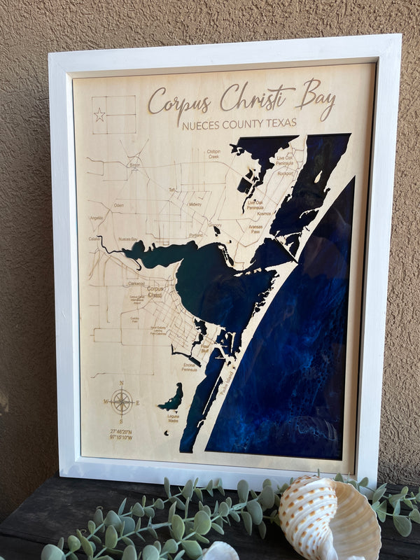 Corpus Christi Bay Laser Cut Map with Resin Base