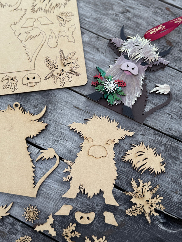DIY Highland Cow Ornament Kit – Laser-Cut, Paintable Pop-Out Craft