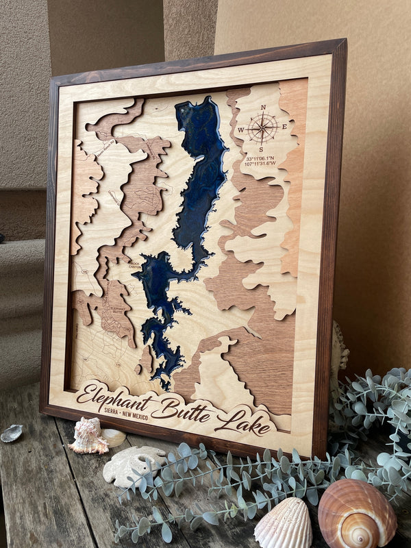 Framed Elephant Butte Lake Resin Laser Cut Layered Topographical Map