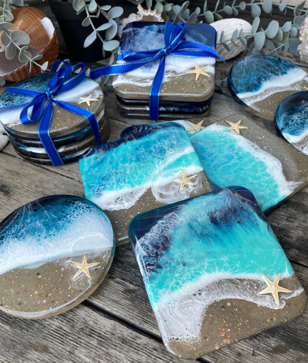 Handmade Resin Beach Coaster Set – Ocean Wave Design (Set of 4)