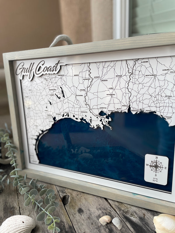 The Texas Gulf Coast Laser cut map with Resin Base