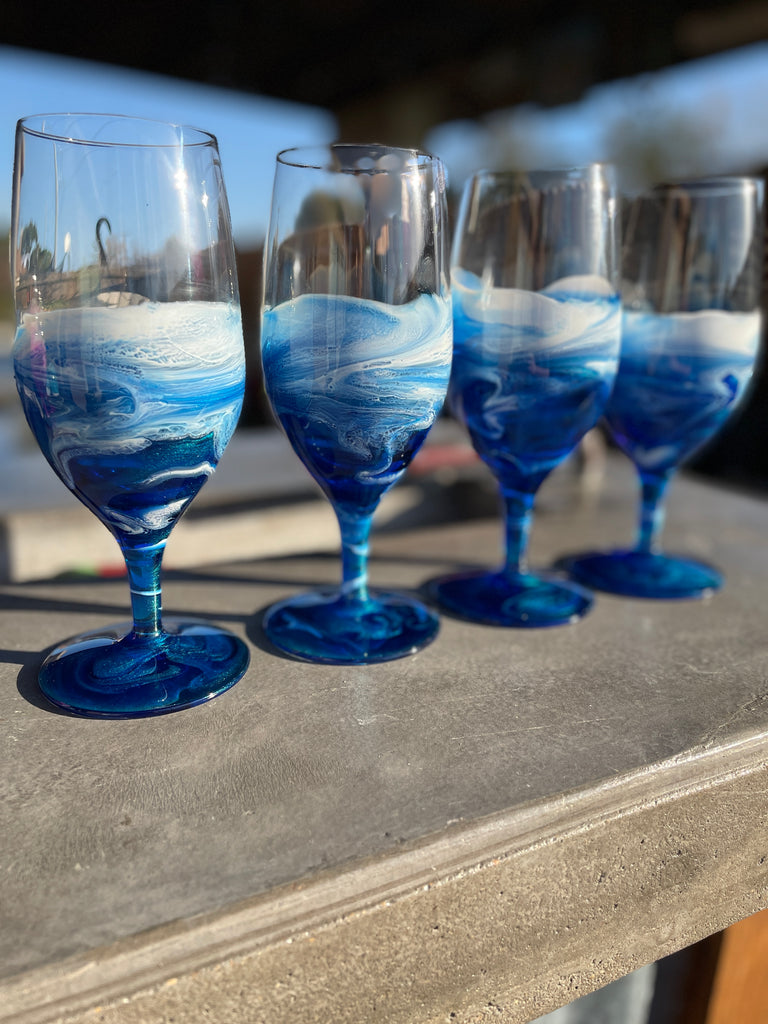 Custom Handmade Alcohol Ink Resin Wine Glass-ocean With Shells 